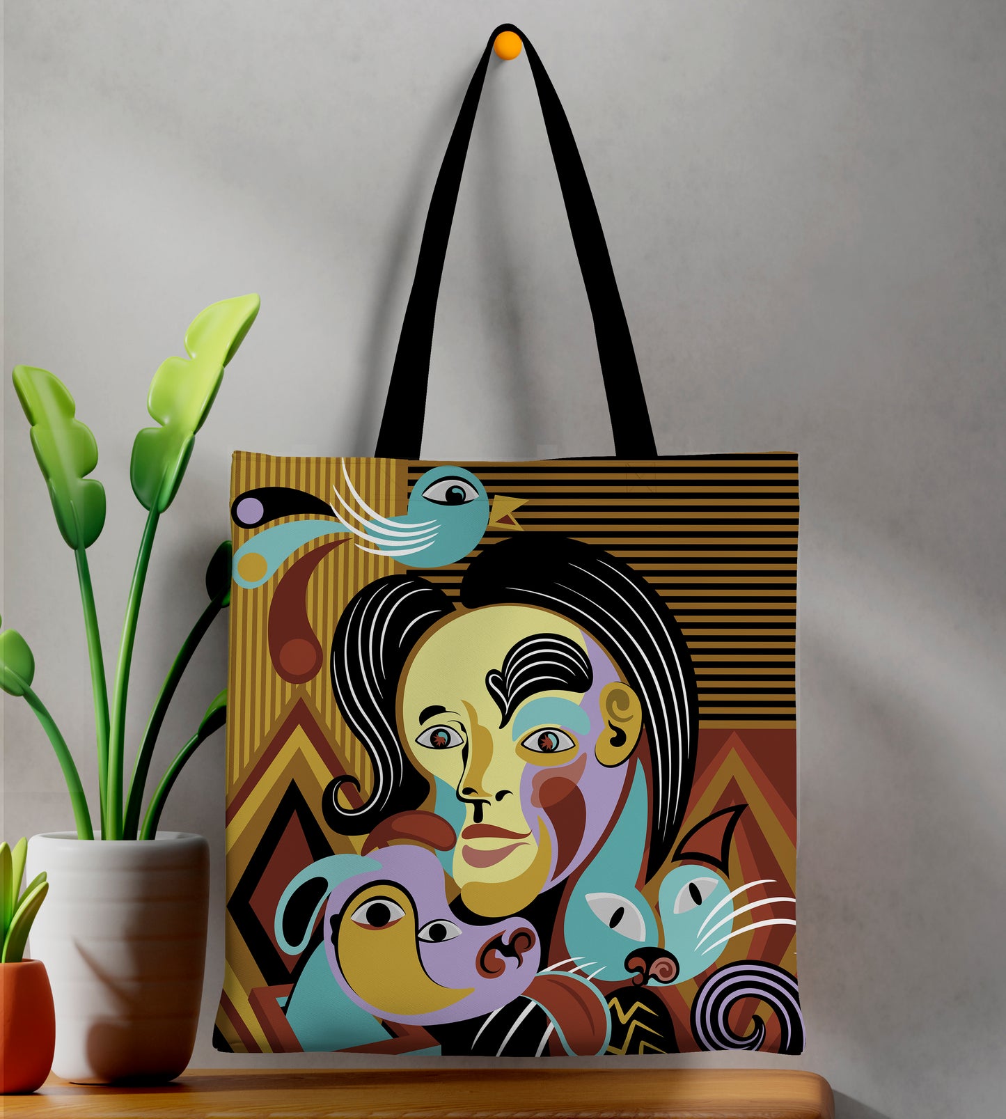 Abstract Portrait Art Style Printed Black Handle Tote Bag (14 X 16 Inches) For Shopping, College, Travel