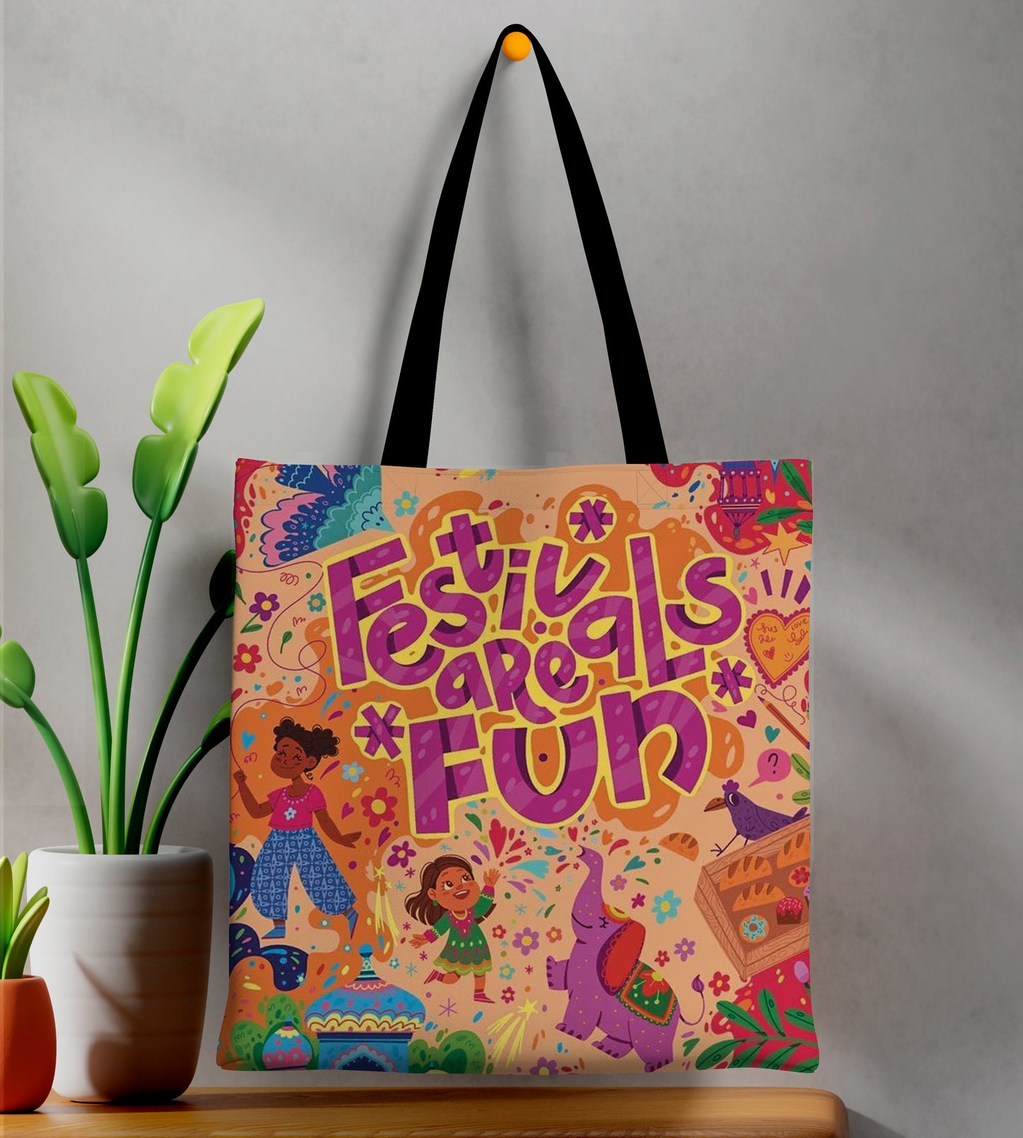Festivals Are Fun Design Printed Black Handle Tote Bag (14 X 16 Inches) For Shopping, College, Travel