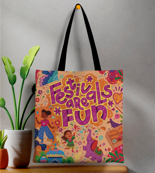 Festivals Are Fun Design Printed Black Handle Tote Bag (14 X 16 Inches) For Shopping, College, Travel