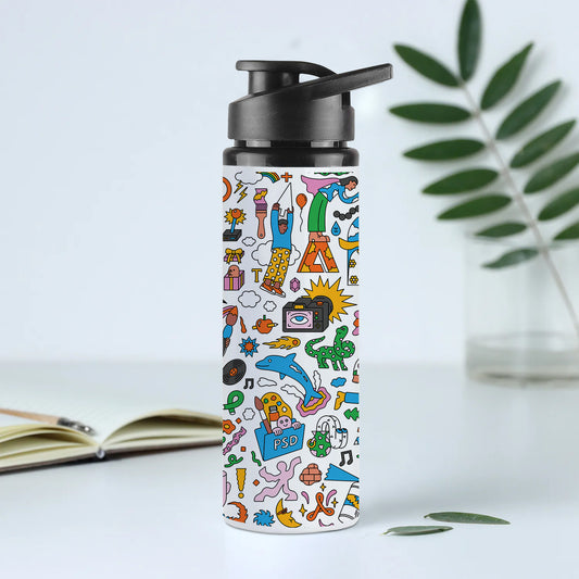 Colorfull Hand drawing Doodle art Printed Eagle Shape Water Bottle 750 ml For Gym, Yoga, Kids, Boys, Girls, Brother, Sister, Babies, Baby, Workout, Adults
