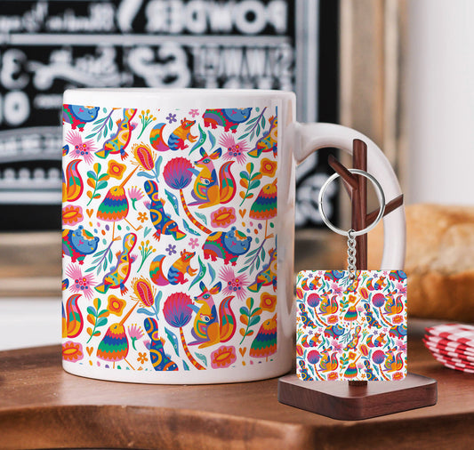 Seamless Animals, Flowers and Leaves Pattern Printed 330 ml White Coffee Mug with Square Shape Wooden Keyring and Chain