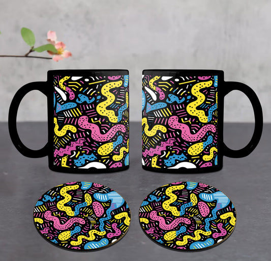 90s neon Abstract Shapes Combo Mugs and Coaster(Set of 2 Mugs and 2 coasters) 330 ml Full Black Coffee Mug