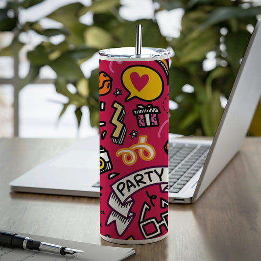 Set of Party illustration Hand drawn doodle Sketch line Printed 750ML with Lid Leak Proof Travel Tumbler with Straw
