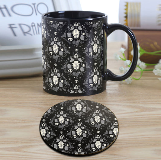 Halloween Pattern Design Full Black 330 ml Coffee Mug with Coaster