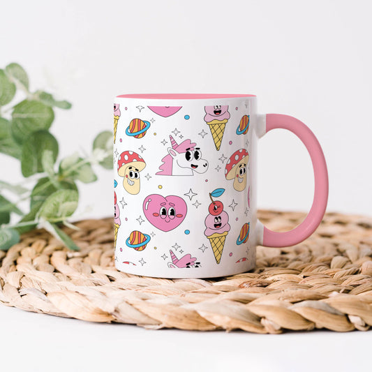 Hand drawn flat trendy cartoon pattern Light Pink Handle 330 ml Coffee Mug