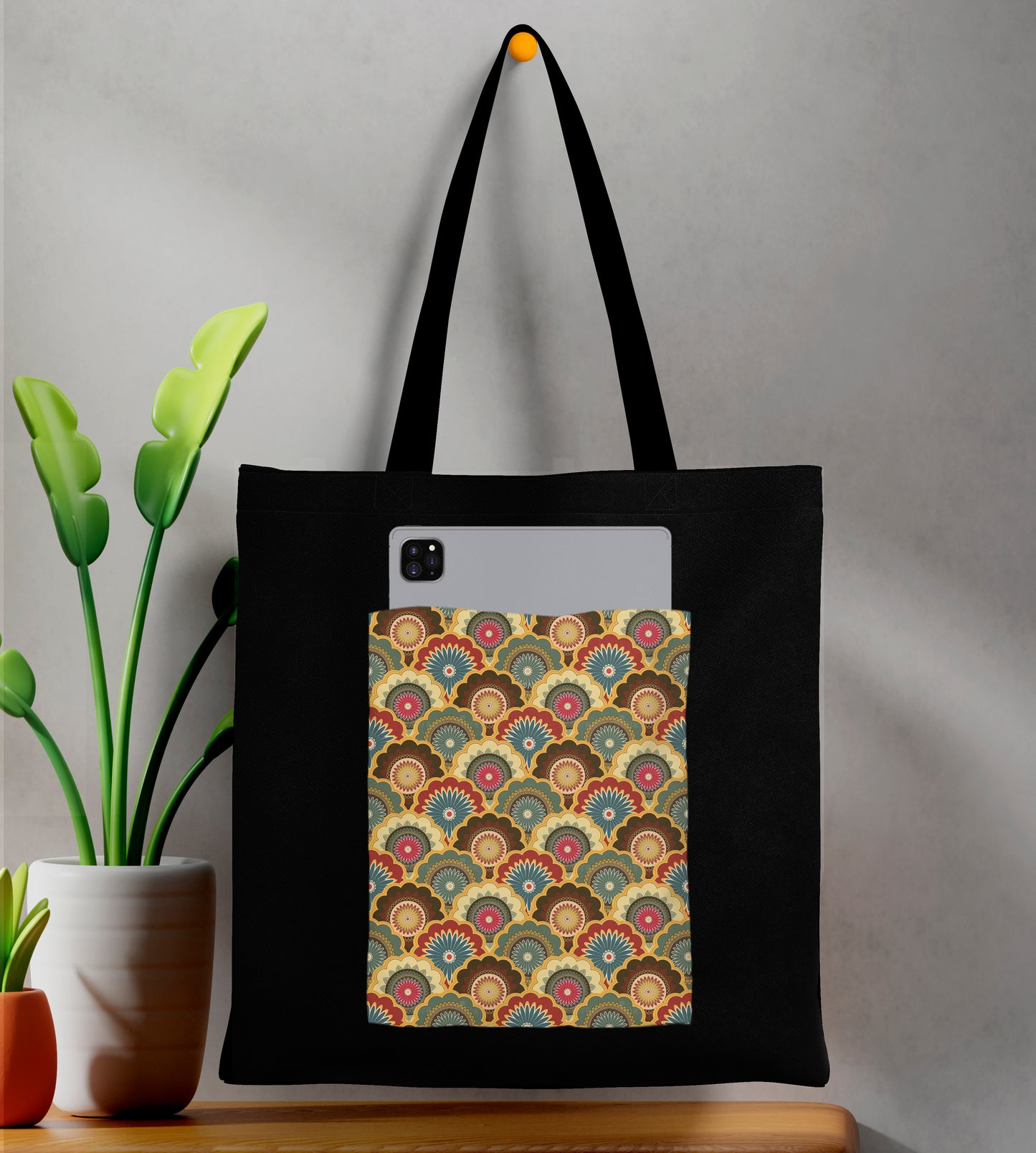 Colorful mandala seamless illustration Design Printed Black Patch With Pocket Tote Bag (14 X 16 Inches) For Shopping, College, Travel