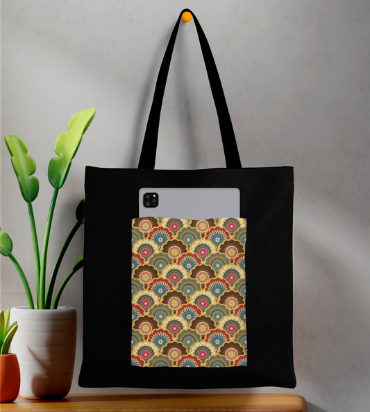Colorful mandala seamless illustration Design Printed Black Patch With Pocket Tote Bag (14 X 16 Inches) For Shopping, College, Travel