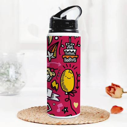 Set of Party illustration Hand drawn doodle Sketch line Printed Black Nozzle Water Bottle 750 ml For Gym, Yoga, Kids, Boys, Girls, Brother, Sister, Babies, Baby, Workout, Adults