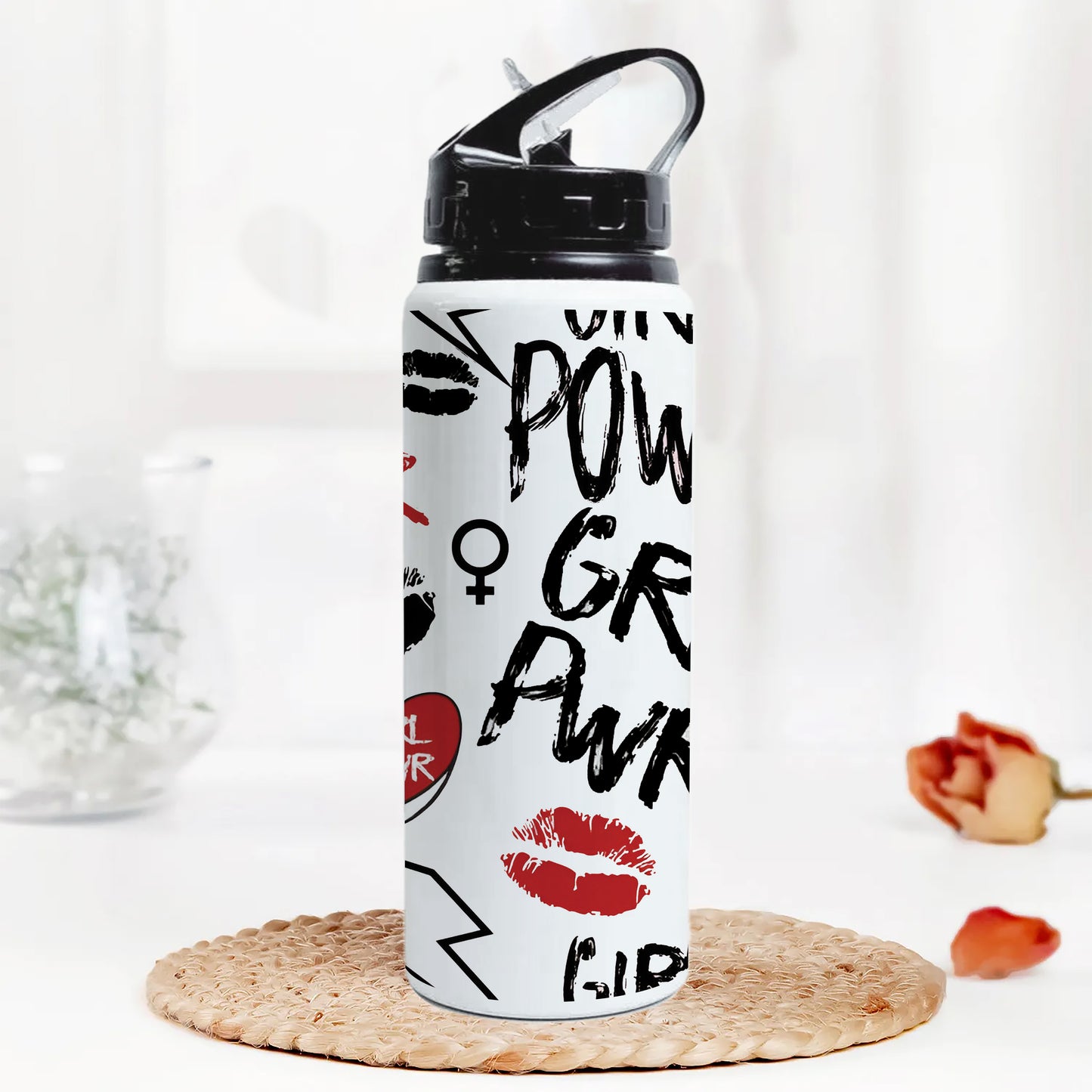 Girl power typography pattern Printed Black Nozzle Water Bottle 750 ml For Gym, Yoga, Kids, Boys, Girls, Brother, Sister, Babies, Baby, Workout, Adults