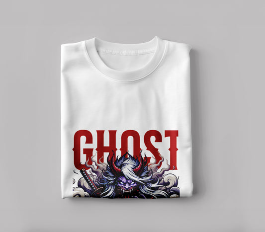 Ghost Samurai Printed White Round Neck Polyester T Shirt for Mens and woman's
