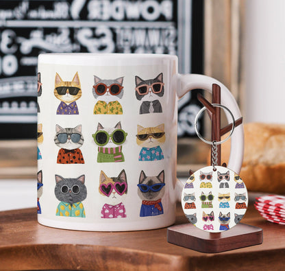 Cool Cats Design Mug and Keychain Combo 330 ml Coffee Mug