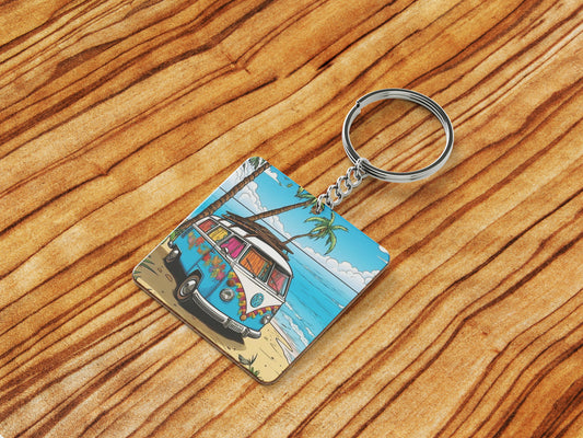 Camping Van on Morning Sun Beach Printed Square Shape Wooden Keyring with Chain
