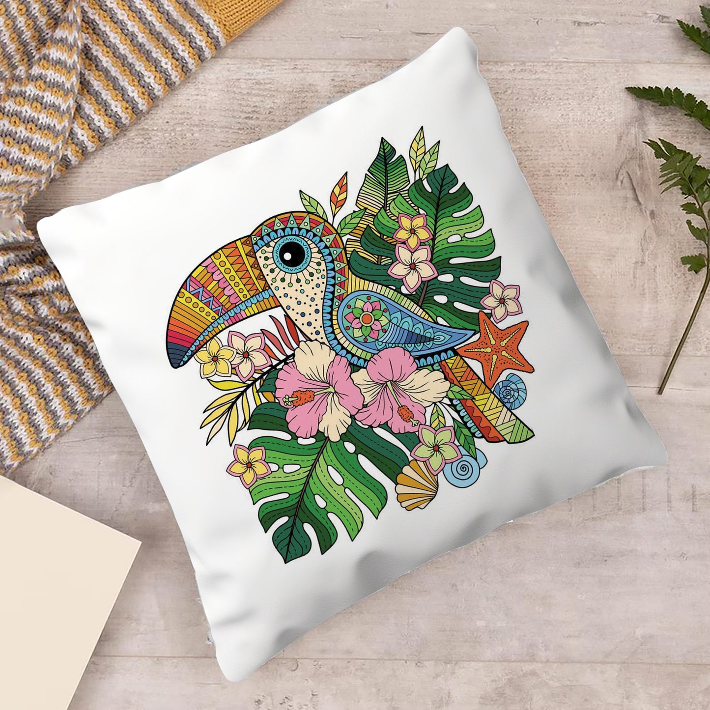 Colorful Mandala Toucan Art Cushion (12x12 inches) Pack of 1