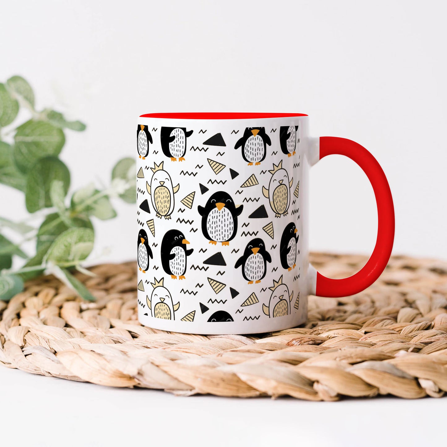 Hand drawn penguin doodle pattern Red Handle 330 ml Coffee Mug