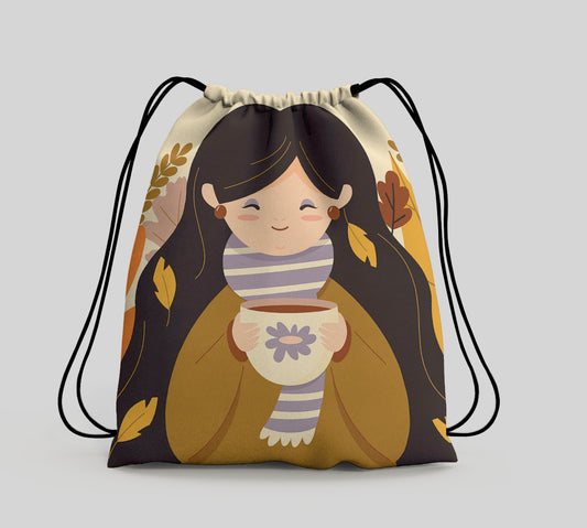 Women Drinking Tea Design Polyester String Backpack Bags for kids for Gym, Yoga, Tuition ,Beach Bag for 4-10 year boys and girls