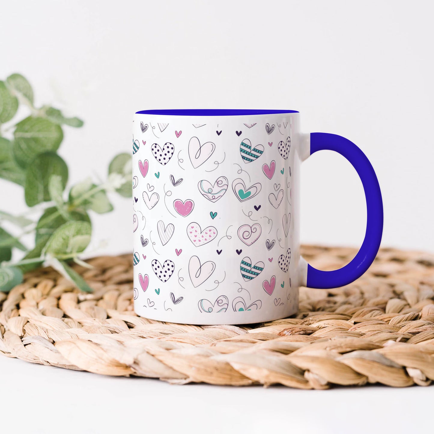 Pretty hearts pattern design Dark Blue Handle 330 ml Coffee Mug