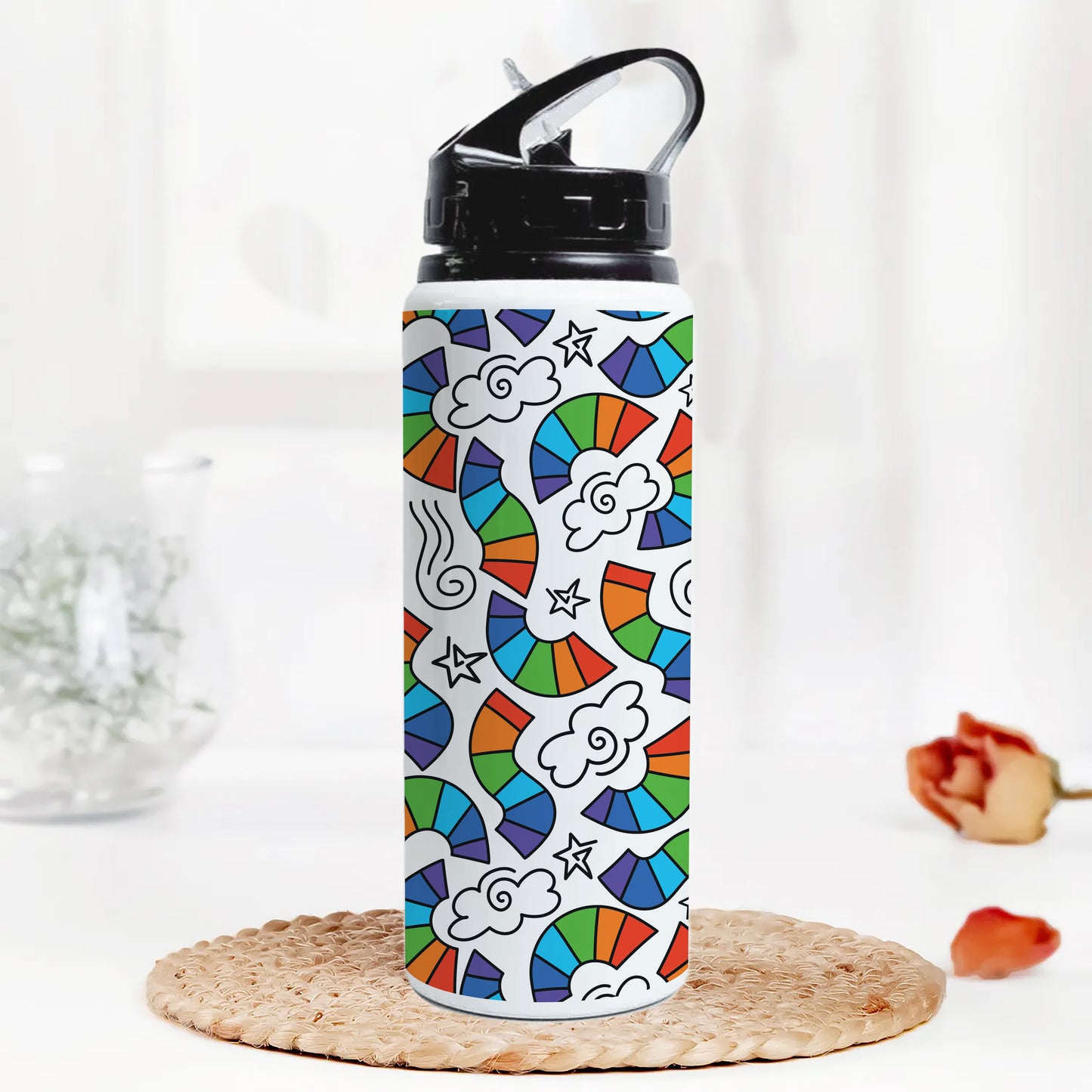 Hand drawn rainbow pattern design Printed Black Nozzle Water Bottle 750 ml For Gym, Yoga, Kids, Boys, Girls, Brother, Sister, Babies, Baby, Workout, Adults