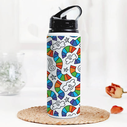 Hand drawn rainbow pattern design Printed Black Nozzle Water Bottle 750 ml For Gym, Yoga, Kids, Boys, Girls, Brother, Sister, Babies, Baby, Workout, Adults