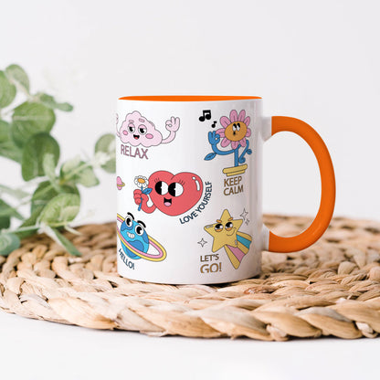 Hand drawn trendy cartoon badges design Orange Handle 330 ml Coffee Mug