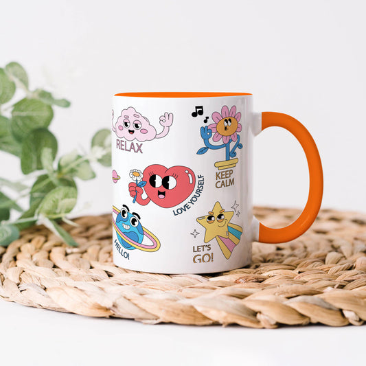 Hand drawn trendy cartoon badges design Orange Handle 330 ml Coffee Mug