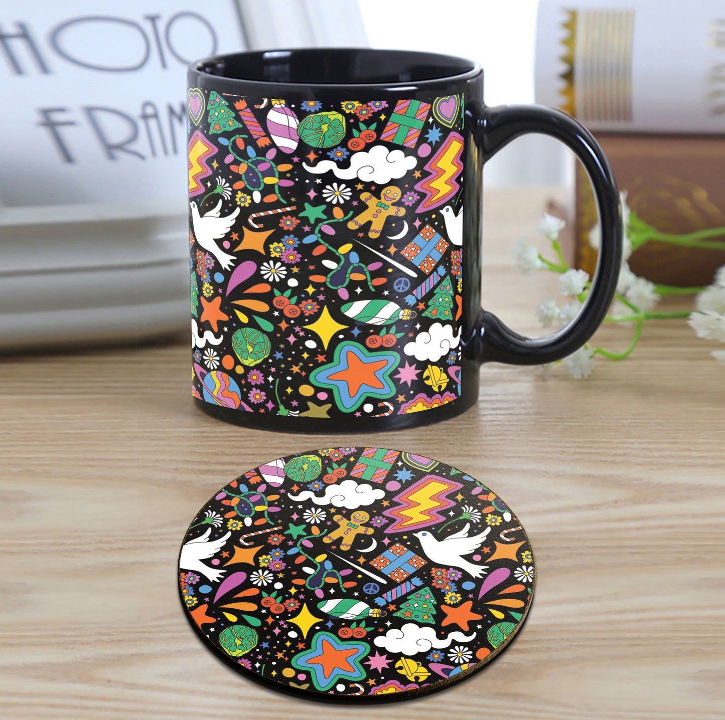 Modern Christmas Illustrated pattern Design Full Black 330 ml Coffee Mug with Coaster