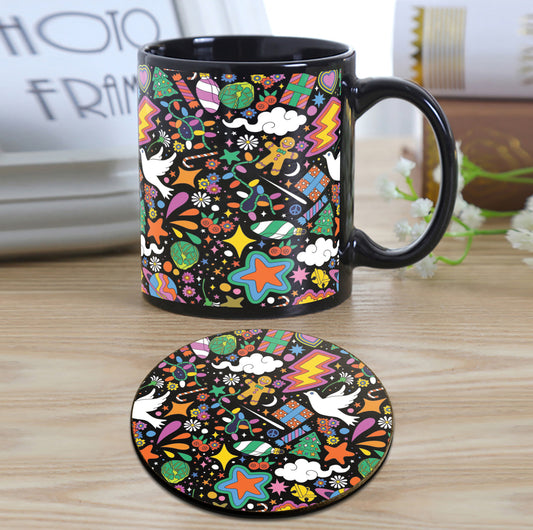 Modern Christmas Illustrated pattern Design Full Black 330 ml Coffee Mug with Coaster