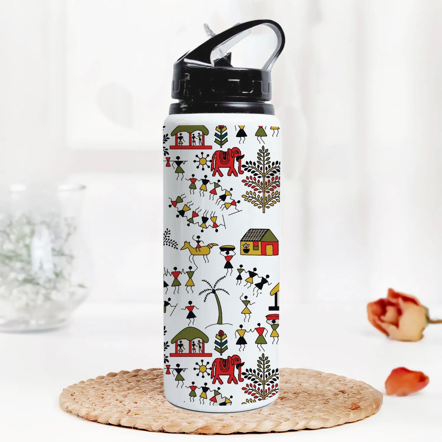 Hand drawn traditional the ancient tribal art India Pattern Printed Black Nozzle Water Bottle 750 ml For Gym, Yoga, Kids, Boys, Girls, Brother, Sister, Babies, Baby, Workout, Adults
