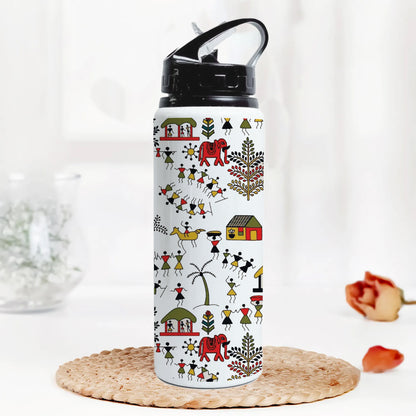Hand drawn traditional the ancient tribal art India Pattern Printed Black Nozzle Water Bottle 750 ml For Gym, Yoga, Kids, Boys, Girls, Brother, Sister, Babies, Baby, Workout, Adults