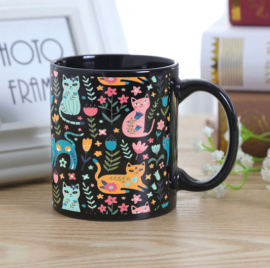Vector seamless pattern with flowers and Cute Flower Cats in cartoon style Full Black 330 ml Coffee Mug
