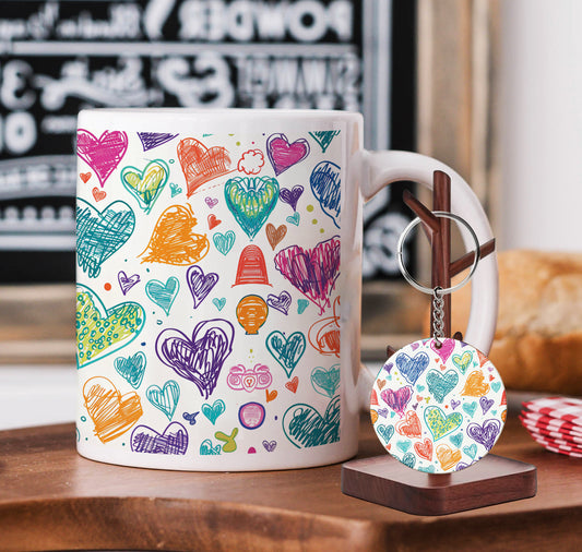 Seamless Doodle Hearts Pattern Mug and Keychain Combo 330 ml Coffee Mug