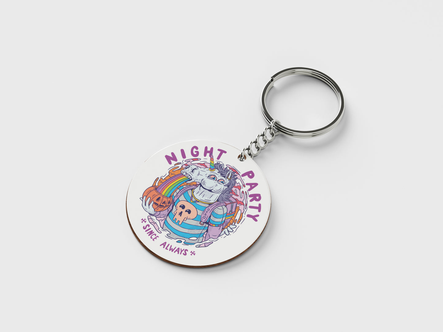 Creative and colorful creature illustration Design Printed Circle Shape Wooden Keyring with Chain