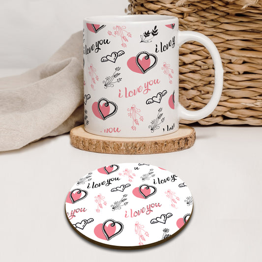Hand Drawn Valentine Hearts and Plants pattern Mug and Coaster 330 ml Coffee Mug