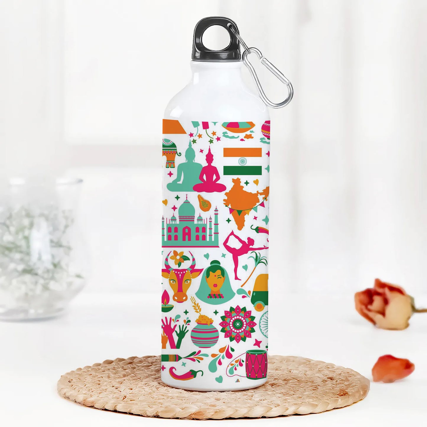 Indian architecture and Asian traditions set Pro Vector Printed Normal Sipper Water Bottle 750 ml For Gym, Yoga, Kids, Boys, Girls, Brother, Sister, Babies, Baby, Workout, Adults