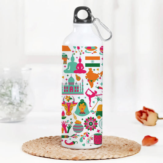 Indian architecture and Asian traditions set Pro Vector Printed Normal Sipper Water Bottle 750 ml For Gym, Yoga, Kids, Boys, Girls, Brother, Sister, Babies, Baby, Workout, Adults