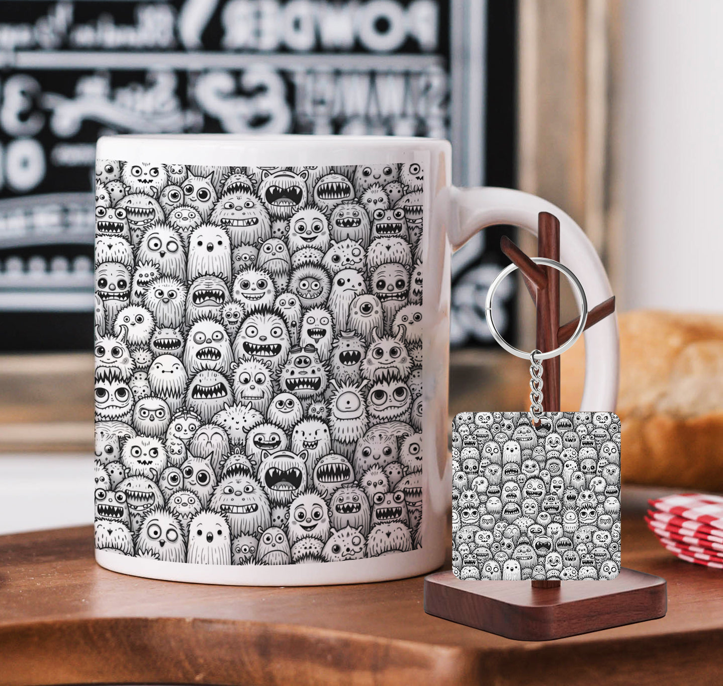 Black and White Monster Pattern Printed 330 ml White Coffee Mug with Square Shape Wooden Keyring and Chain