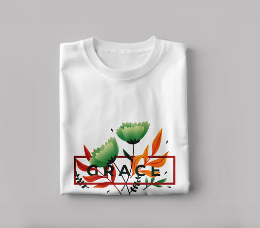 Minimalist spring leaves with grace word Printed White Round Neck Polyester T Shirt for Mens and woman's