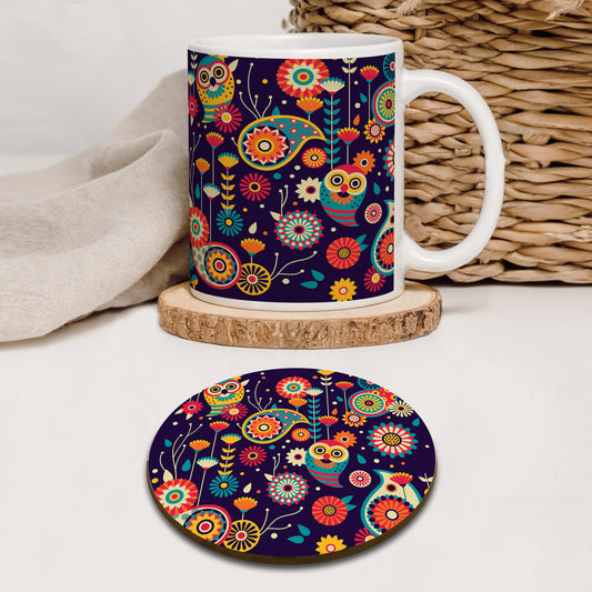 Abstract Owl Pattern Mug and Coaster 330 ml Coffee Mug
