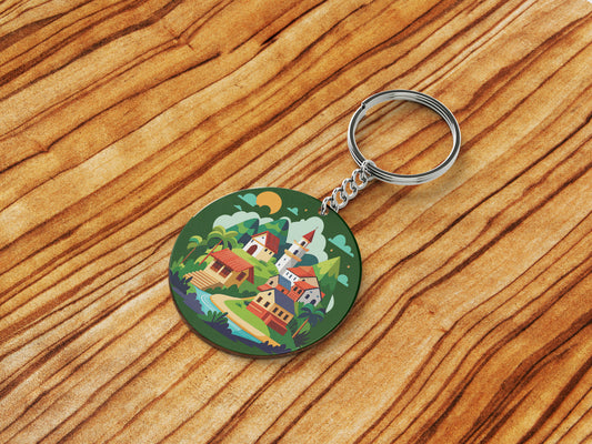 A Cartoon Illustration of a Fantasy Landscape with a Waterfall a Castle and a Mountain Printed Round Circle Shape Wooden Keyring with Chain