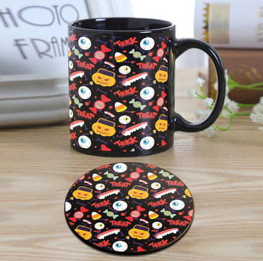 Halloween Pumpkins Pattern Design Full Black 330 ml Coffee Mug with Coaster