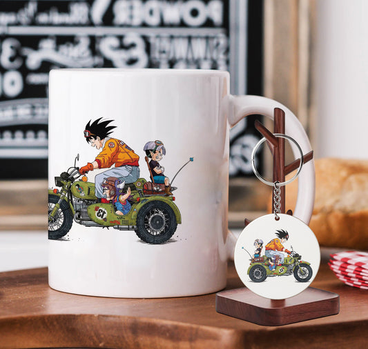 Goku and trunks with bike illustration design Mug and Keychain Combo 330 ml Coffee Mug
