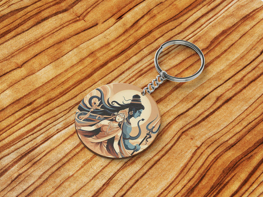 Maha Shivratri Lord Shiva Artwork, Mahadev illustration Printed Round Circle Shape Wooden Keyring with Chain