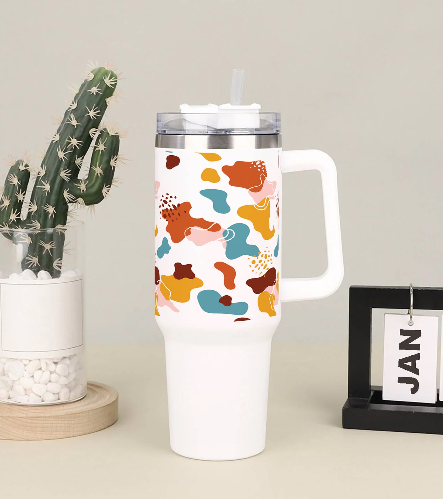 Hand drawn abstract doodle pattern design Printed 850ML with Lid Leak Proof Big Travel Tumbler with Handle and Straw