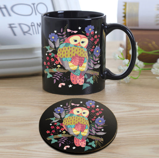Owl illustration design Full Black 330 ml Coffee Mug with Coaster