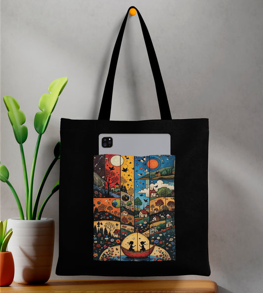 Painting of a person in a boat Design Printed Black Patch With Pocket Tote Bag (14 X 16 Inches) For Shopping, College, Travel