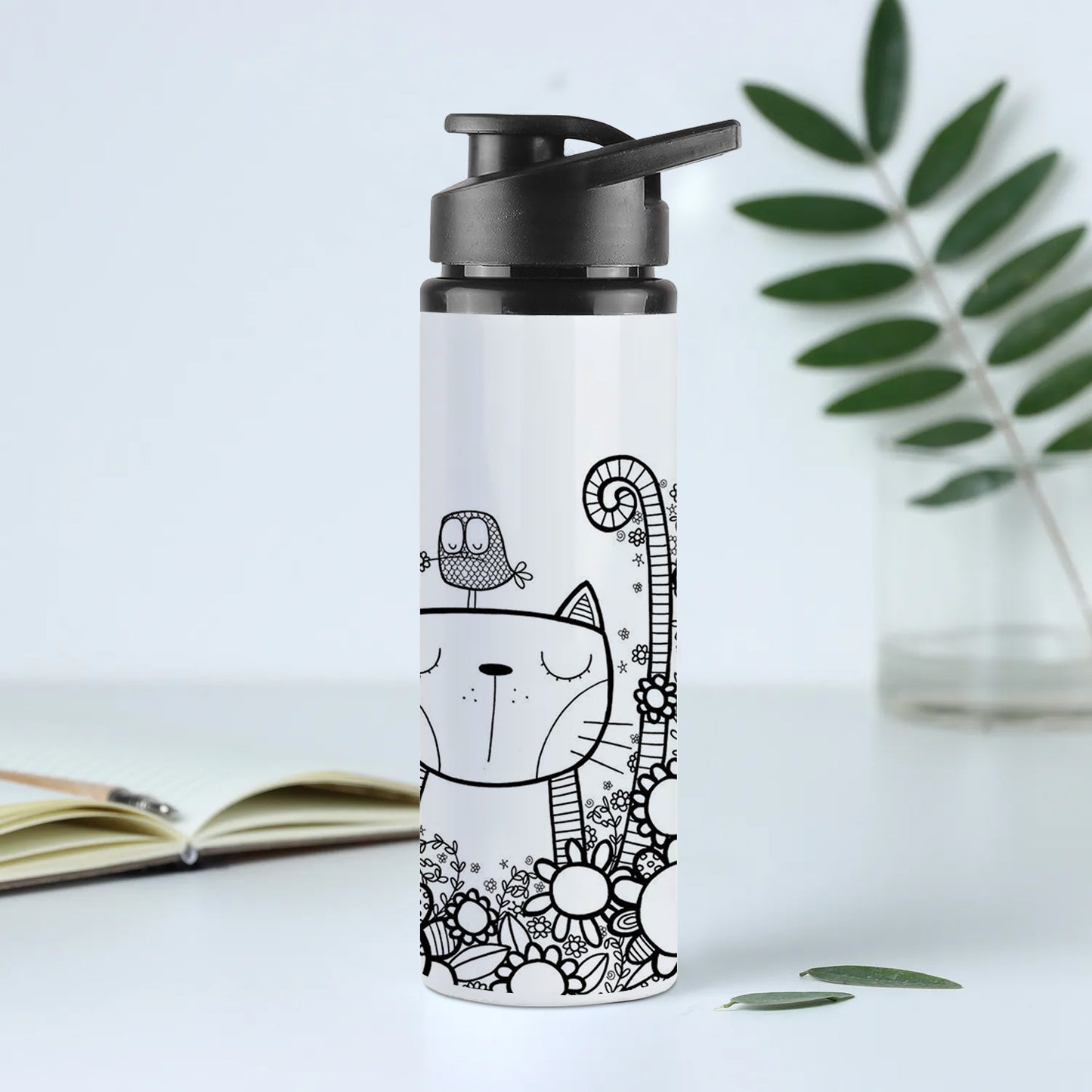Black in white doodle art cat and birds Printed Eagle Shape Water Bottle 750 ml For Gym, Yoga, Kids, Boys, Girls, Brother, Sister, Babies, Baby, Workout, Adults