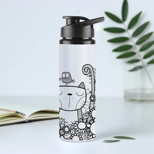 Black in white doodle art cat and birds Printed Eagle Shape Water Bottle 750 ml For Gym, Yoga, Kids, Boys, Girls, Brother, Sister, Babies, Baby, Workout, Adults