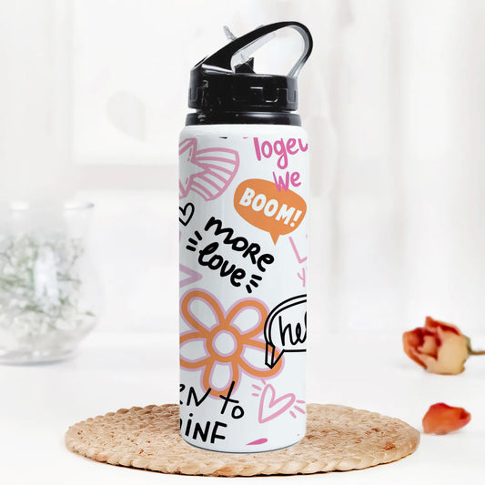 Fashion abstract seamless pattern with graffiti words Printed Black Nozzle Water Bottle 750 ml For Gym, Yoga, Kids, Boys, Girls, Brother, Sister, Babies, Baby, Workout, Adults