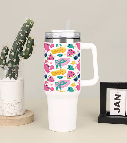 Hand drawn pattern design for summertime Printed 850ML with Lid Leak Proof Big Travel Tumbler with Handle and Straw
