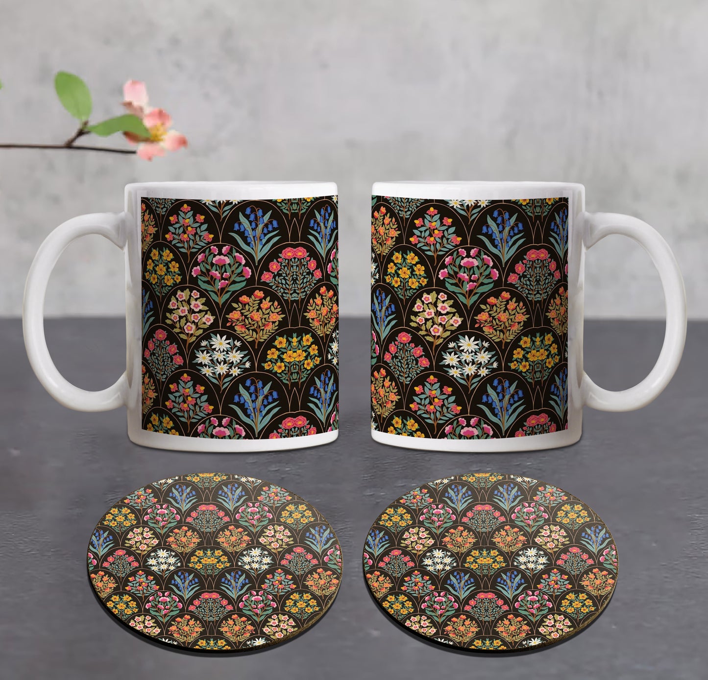 Floral Damask Pattern Combo Mugs and Coaster(Set of 2 Mugs and 2 coasters) 330 ml Coffee Mug