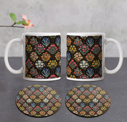 Floral Damask Pattern Combo Mugs and Coaster(Set of 2 Mugs and 2 coasters) 330 ml Coffee Mug